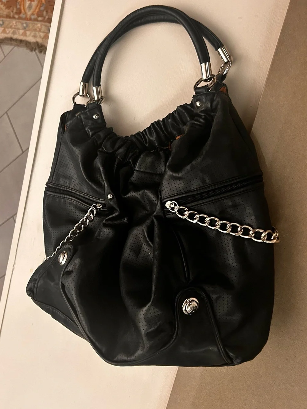 Rampage Black Bag with Gold and Cream Ring Print Clean & Excellent shape